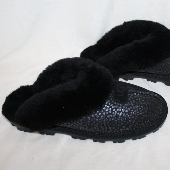 NIB UGG WOMEN'S COQUETTE SPARKLE SPOT SHEARLING SUEDE SLIPPERS BLACK - Picture 2 of 7